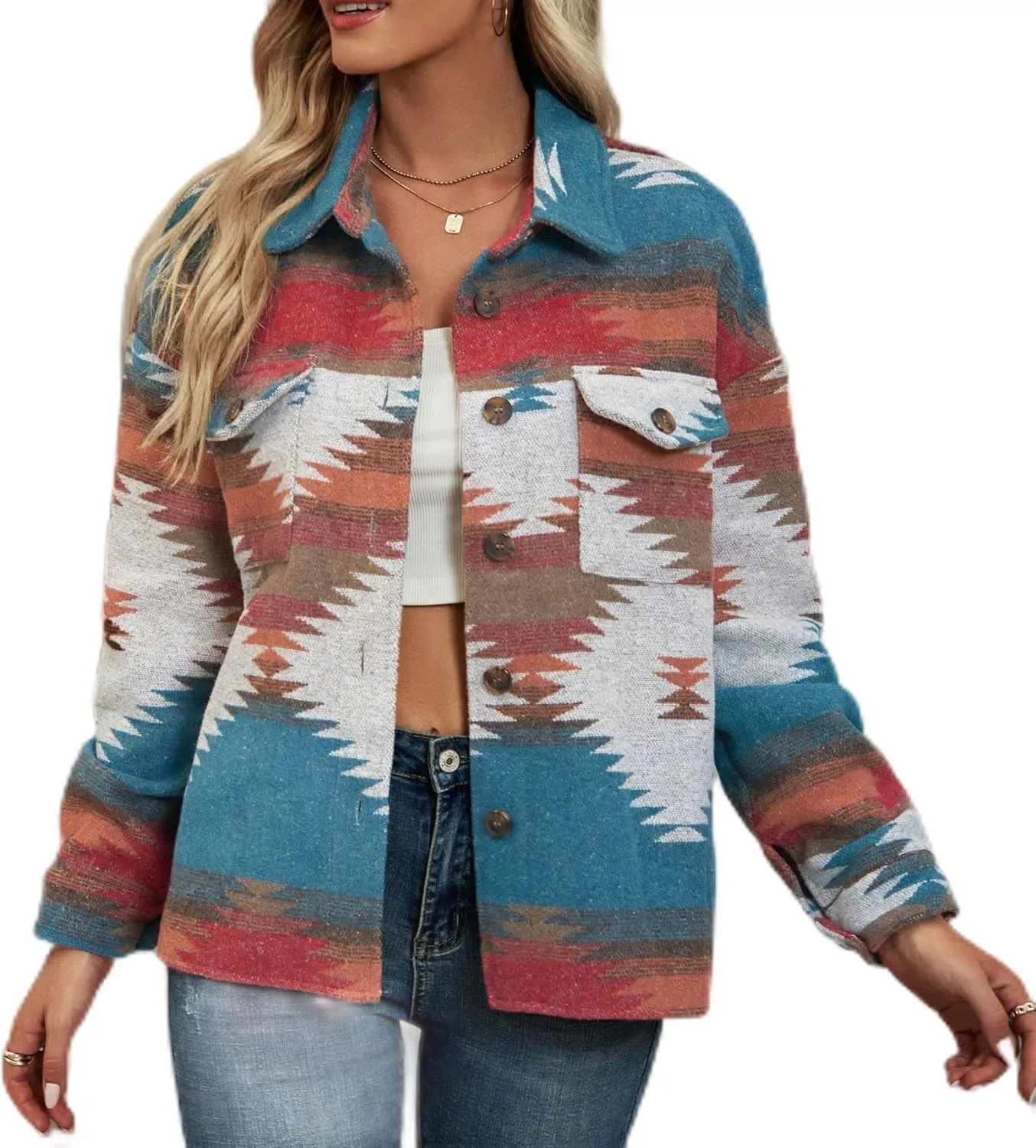 Womens Aztec Shacket Jacket Long Sleeve Flannel Lapel Button Down Shirts Shacket Jacket Coats Country Western Coats