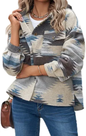 Womens Aztec Shacket Jacket Long Sleeve Flannel Lapel Button Down Shirts Shacket Jacket Coats Country Western Coats