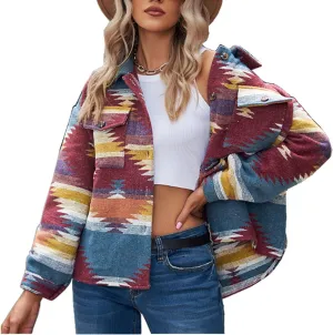Womens Aztec Shacket Jacket Long Sleeve Flannel Lapel Button Down Shirts Shacket Jacket Coats Country Western Coats