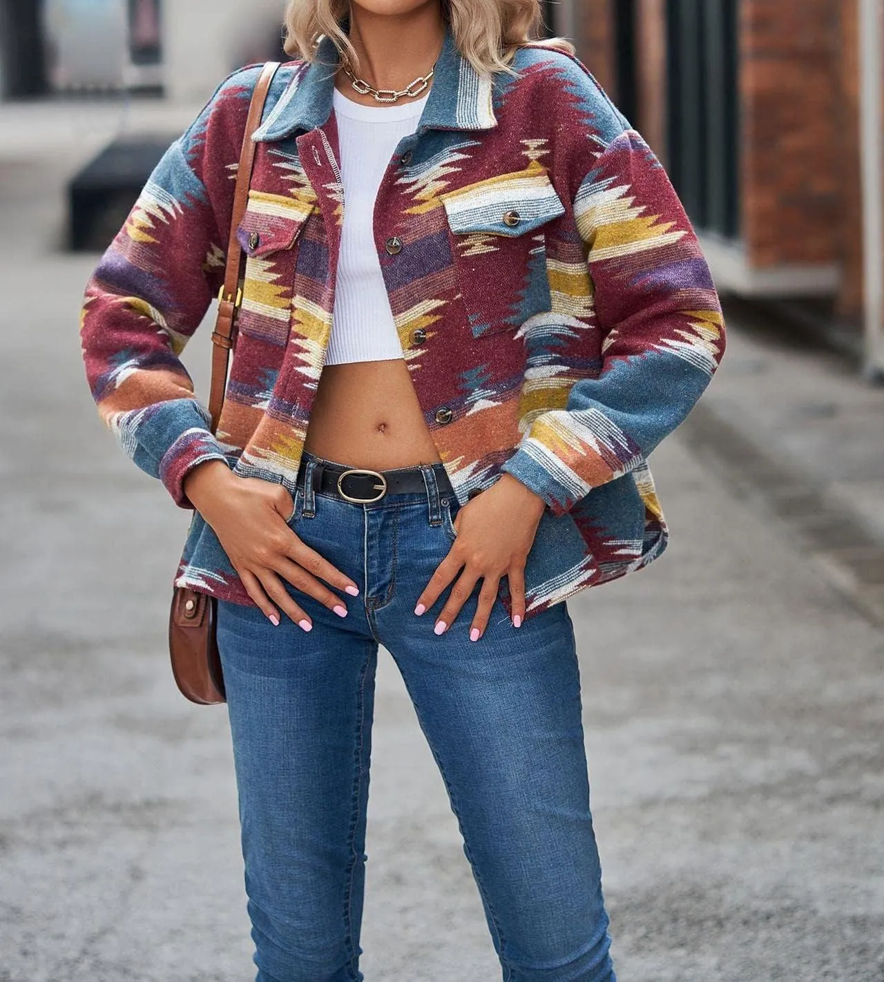 Womens Aztec Shacket Jacket Long Sleeve Flannel Lapel Button Down Shirts Shacket Jacket Coats Country Western Coats