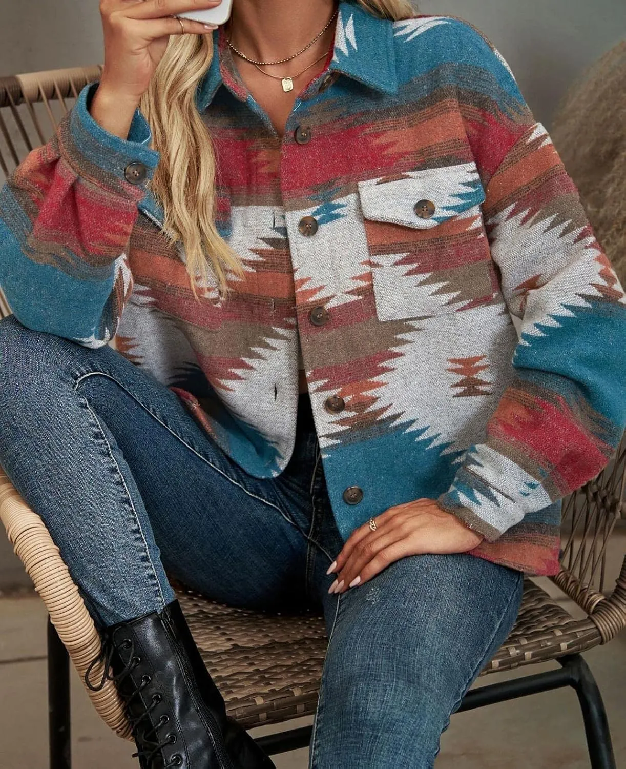 Womens Aztec Shacket Jacket Long Sleeve Flannel Lapel Button Down Shirts Shacket Jacket Coats Country Western Coats