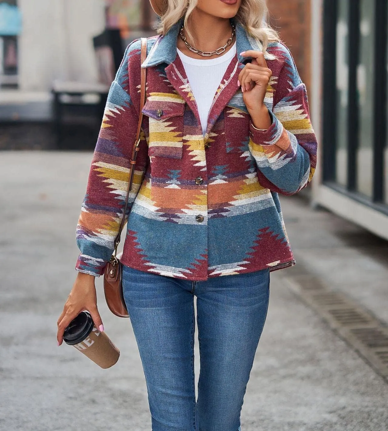 Womens Aztec Shacket Jacket Long Sleeve Flannel Lapel Button Down Shirts Shacket Jacket Coats Country Western Coats