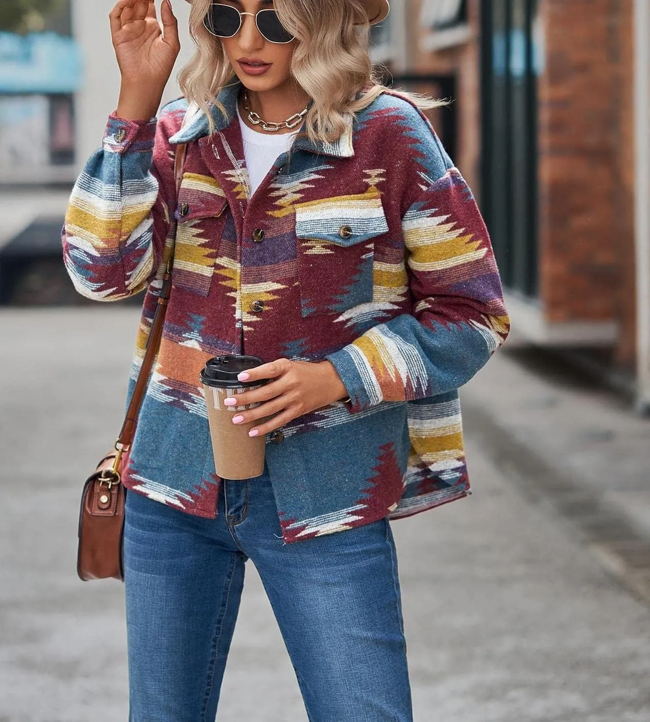 Womens Aztec Shacket Jacket Long Sleeve Flannel Lapel Button Down Shirts Shacket Jacket Coats Country Western Coats