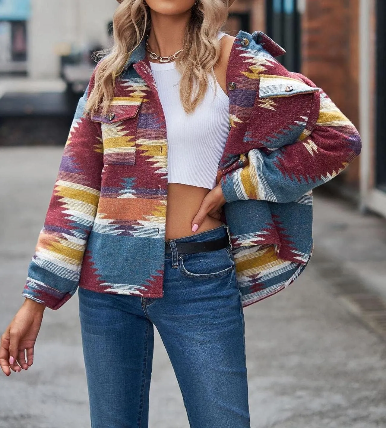 Womens Aztec Shacket Jacket Long Sleeve Flannel Lapel Button Down Shirts Shacket Jacket Coats Country Western Coats