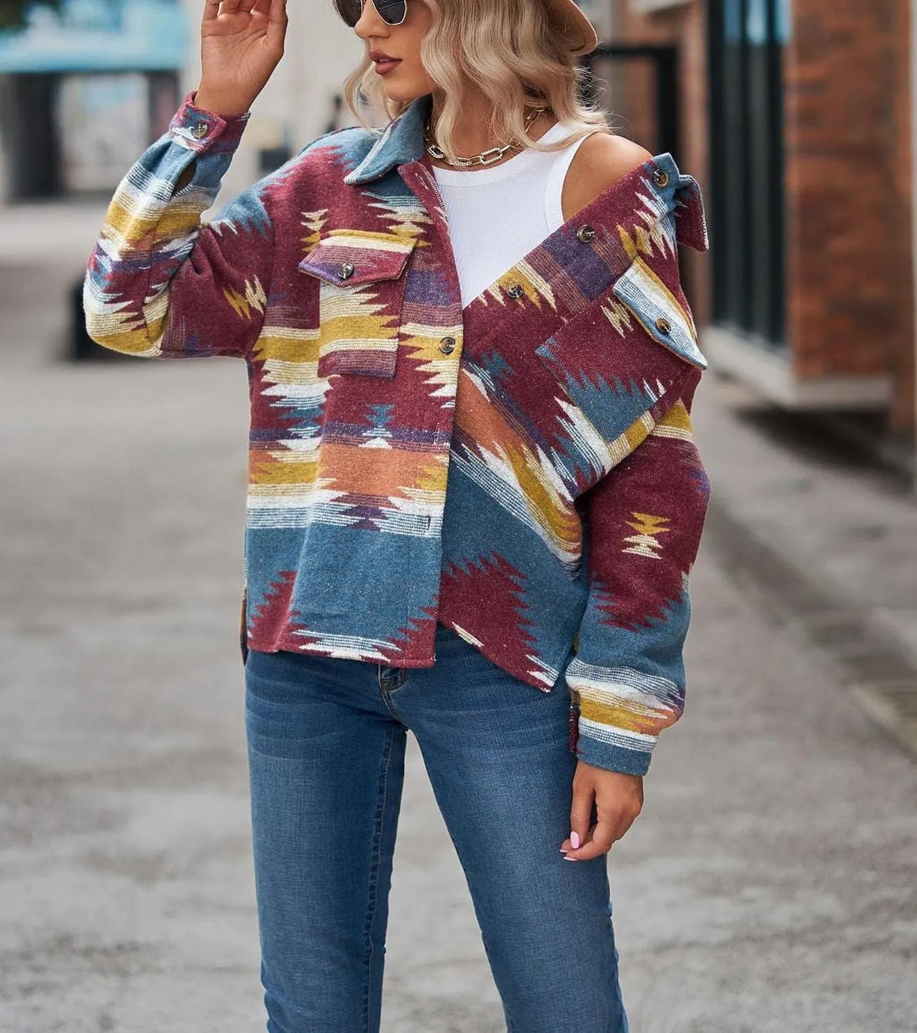 Womens Aztec Shacket Jacket Long Sleeve Flannel Lapel Button Down Shirts Shacket Jacket Coats Country Western Coats