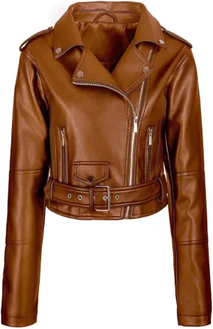 Women's Belted Faux Leather Moto Jacket Spring Fall Clothes Trendy Motorcycle Biker Coat Fashion PU Jacket Coats