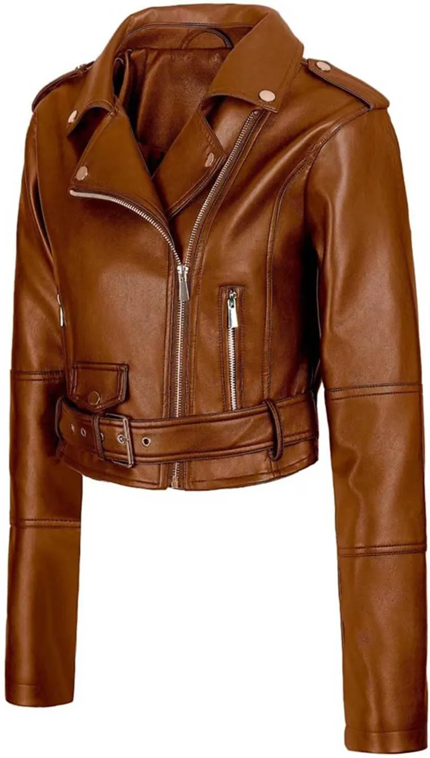 Women's Belted Faux Leather Moto Jacket Spring Fall Clothes Trendy Motorcycle Biker Coat Fashion PU Jacket Coats