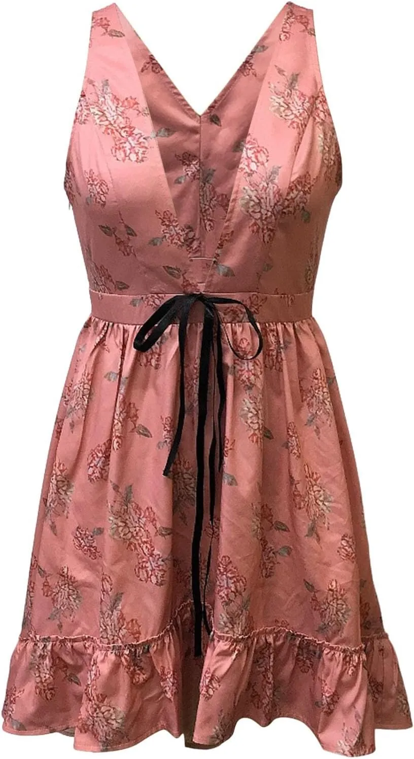 Women's Boho Floral Dress Sexy V Neck Spaghetti Strap Mini Sundress Lace High Low Hem Front Tie Western Vacation Dresses
