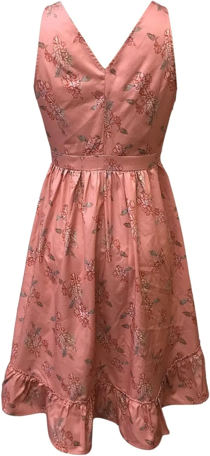 Women's Boho Floral Dress Sexy V Neck Spaghetti Strap Mini Sundress Lace High Low Hem Front Tie Western Vacation Dresses