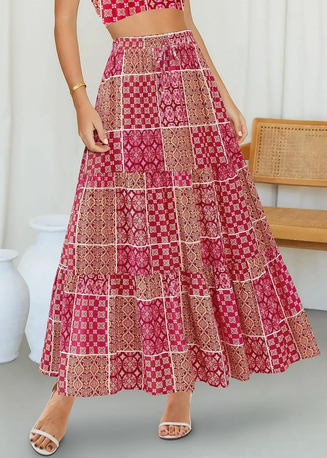 Womens Boho Floral Maxi Skirts Summer Pleated Long Skirt Flowy High Waisted A Line Skirt Casual Beach