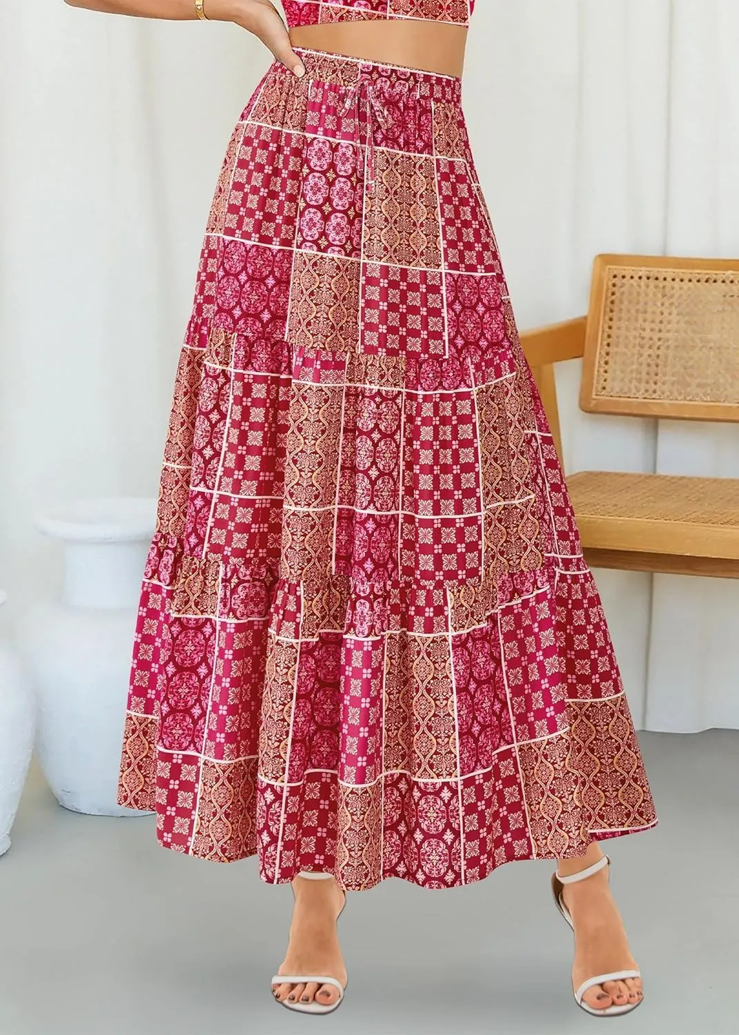 Womens Boho Floral Maxi Skirts Summer Pleated Long Skirt Flowy High Waisted A Line Skirt Casual Beach