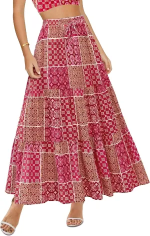 Womens Boho Floral Maxi Skirts Summer Pleated Long Skirt Flowy High Waisted A Line Skirt Casual Beach