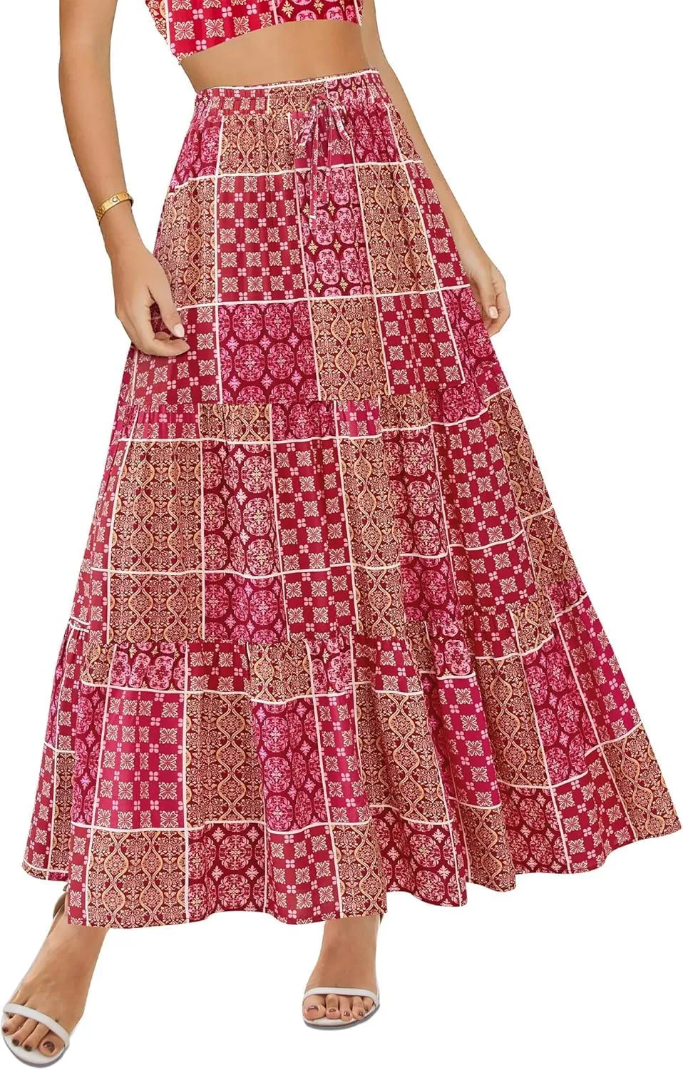 Womens Boho Floral Maxi Skirts Summer Pleated Long Skirt Flowy High Waisted A Line Skirt Casual Beach