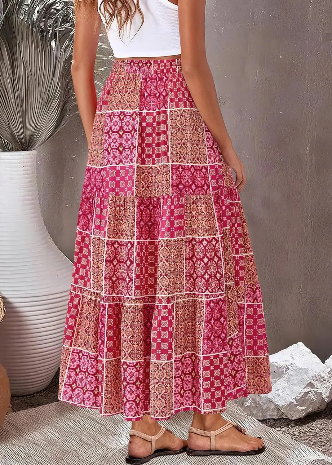 Womens Boho Floral Maxi Skirts Summer Pleated Long Skirt Flowy High Waisted A Line Skirt Casual Beach