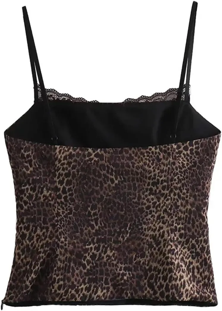 Women's Bow Lace Patchwork Leopard Print Short Cami Sleeveless Camisole Top