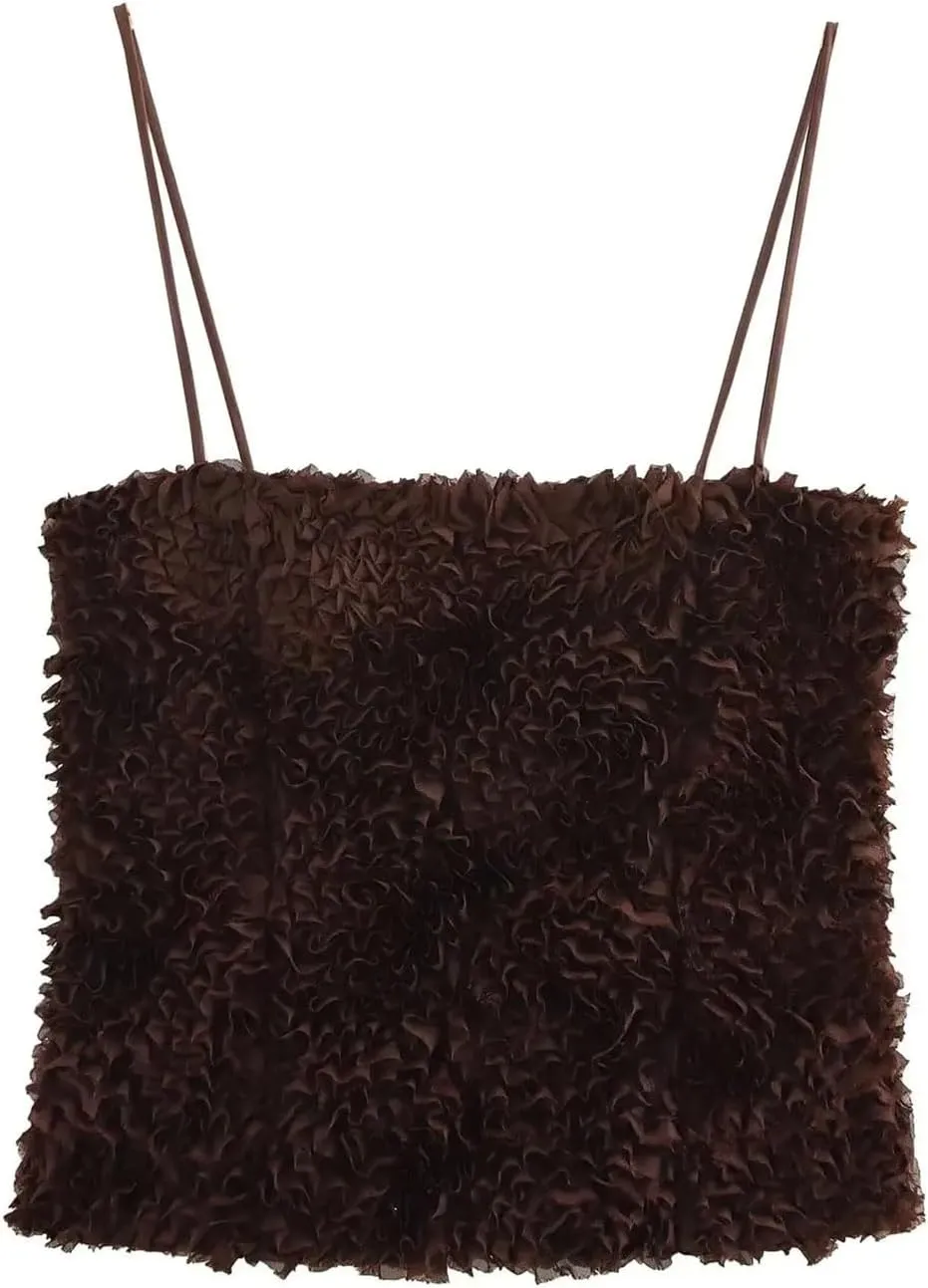 Women's Brown 3D Flower Fluffy Mesh Zipper Camisole Backless Sleeveless Top