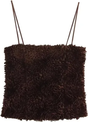 Women's Brown 3D Flower Fluffy Mesh Zipper Camisole Backless Sleeveless Top