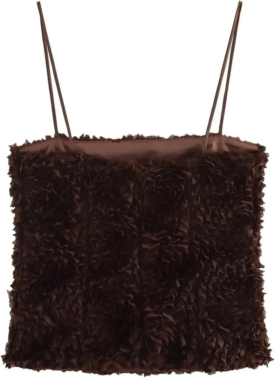 Women's Brown 3D Flower Fluffy Mesh Zipper Camisole Backless Sleeveless Top