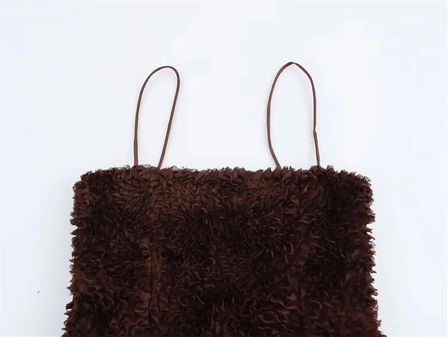 Women's Brown 3D Flower Fluffy Mesh Zipper Camisole Backless Sleeveless Top