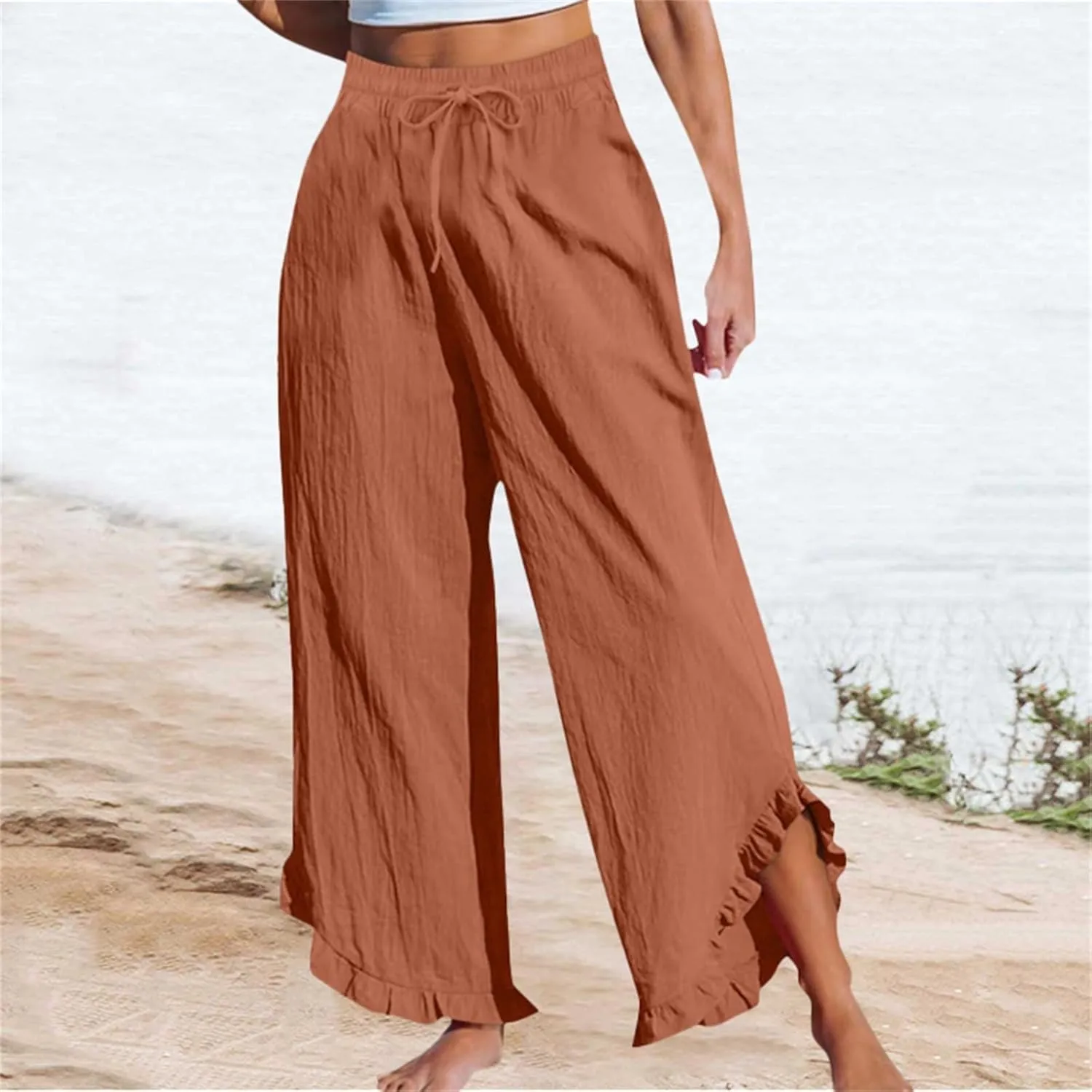 Womens Business Casual Linen Pants, 2025 Loose Fit Long Trousers 2025 Spring High Waist Knit Sweatpants with Pockets