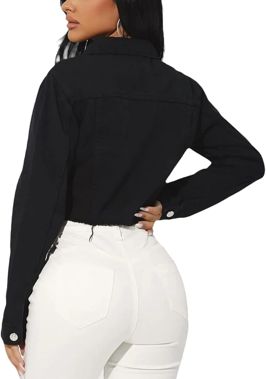 Women's Button Down Jacket Long Sleeve Cropped Top Denim Jeans Coat