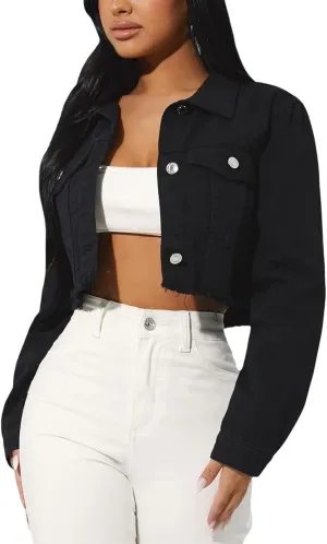 Women's Button Down Jacket Long Sleeve Cropped Top Denim Jeans Coat