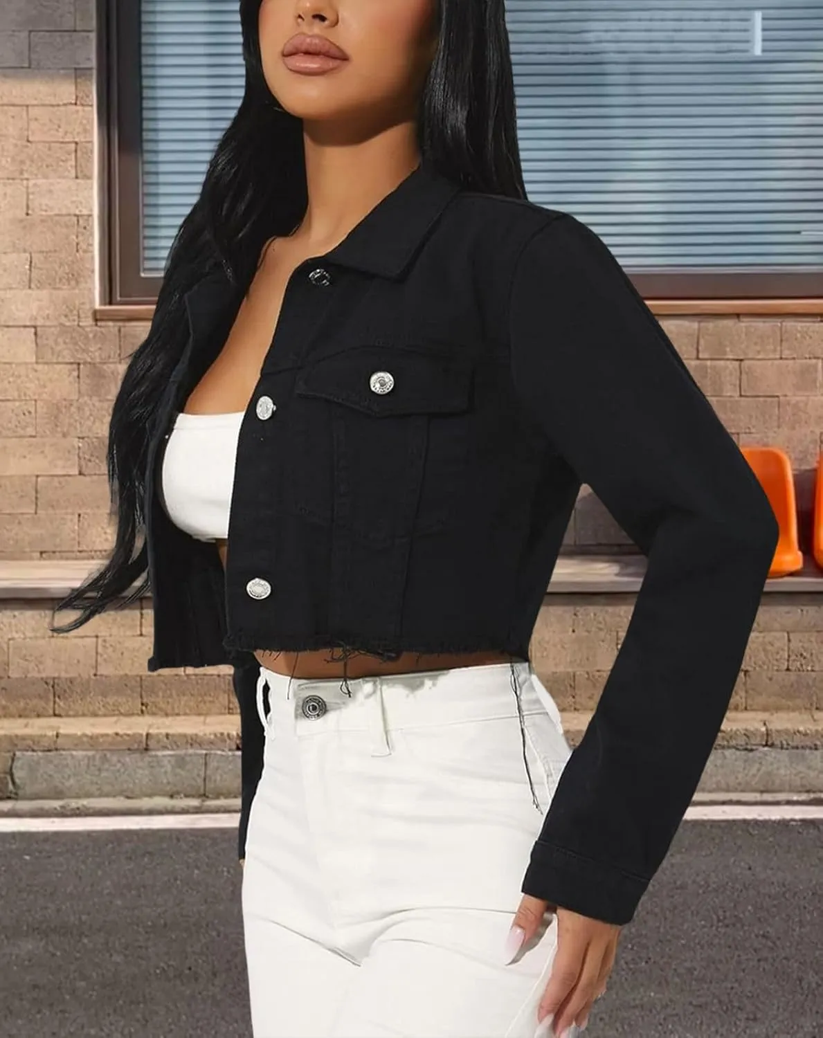 Women's Button Down Jacket Long Sleeve Cropped Top Denim Jeans Coat