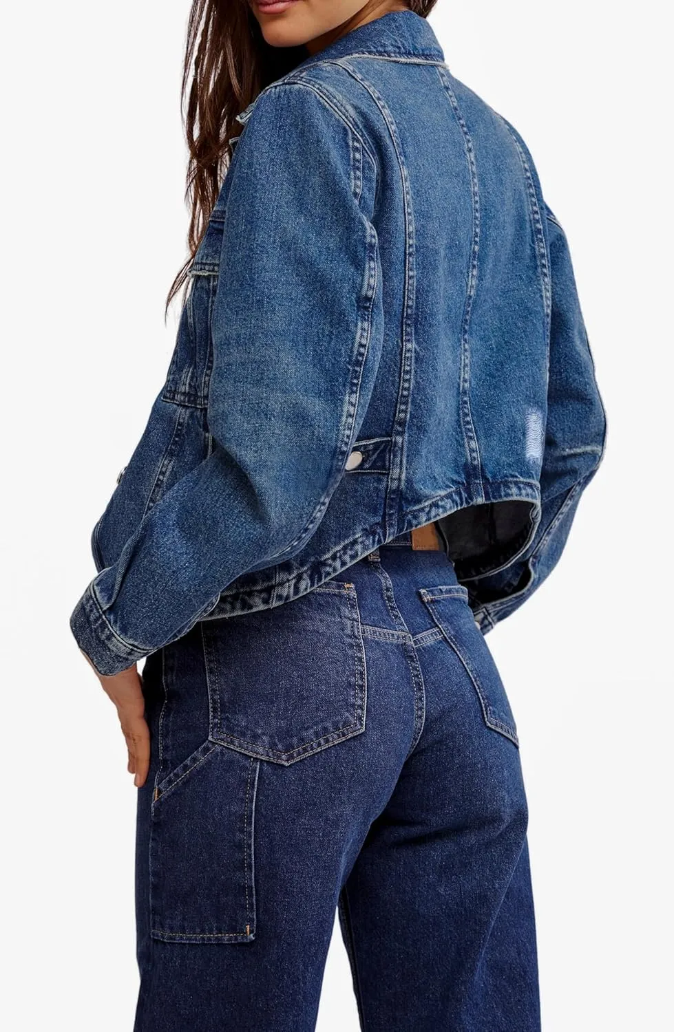 Women's Button Down Long Sleeve Cropped Denim Jean Jacket with Pockets