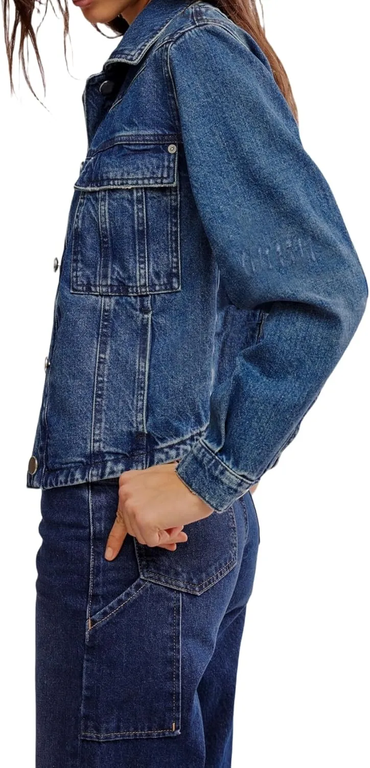Women's Button Down Long Sleeve Cropped Denim Jean Jacket with Pockets