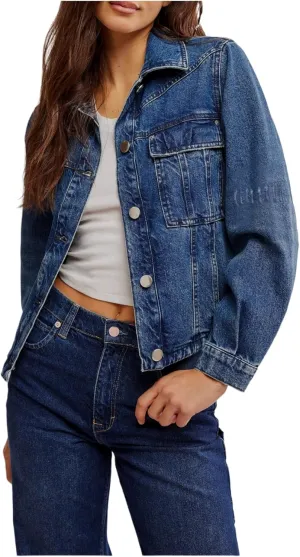 Women's Button Down Long Sleeve Cropped Denim Jean Jacket with Pockets