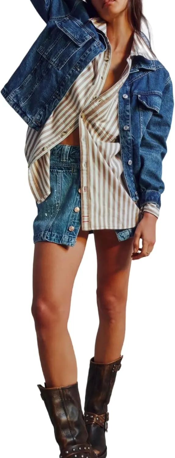 Women's Button Down Long Sleeve Cropped Denim Jean Jacket with Pockets