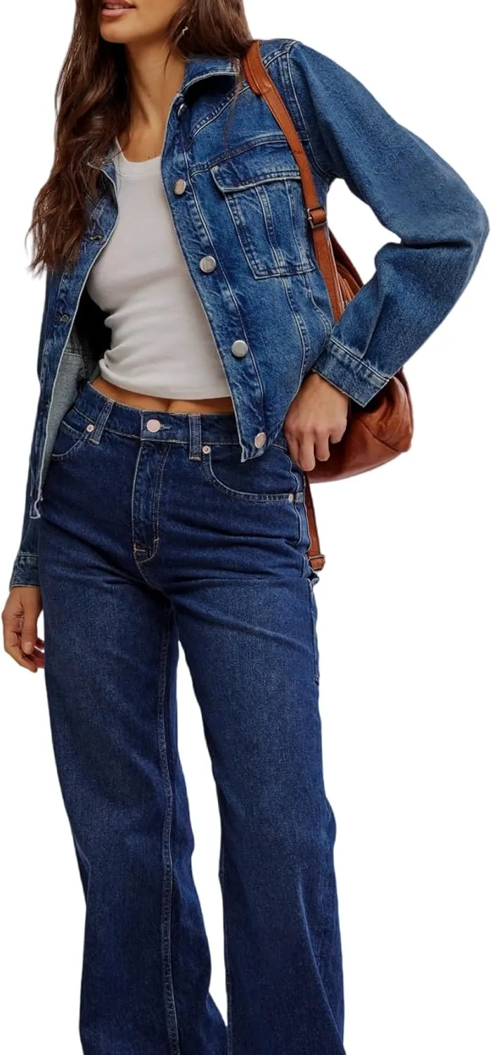 Women's Button Down Long Sleeve Cropped Denim Jean Jacket with Pockets
