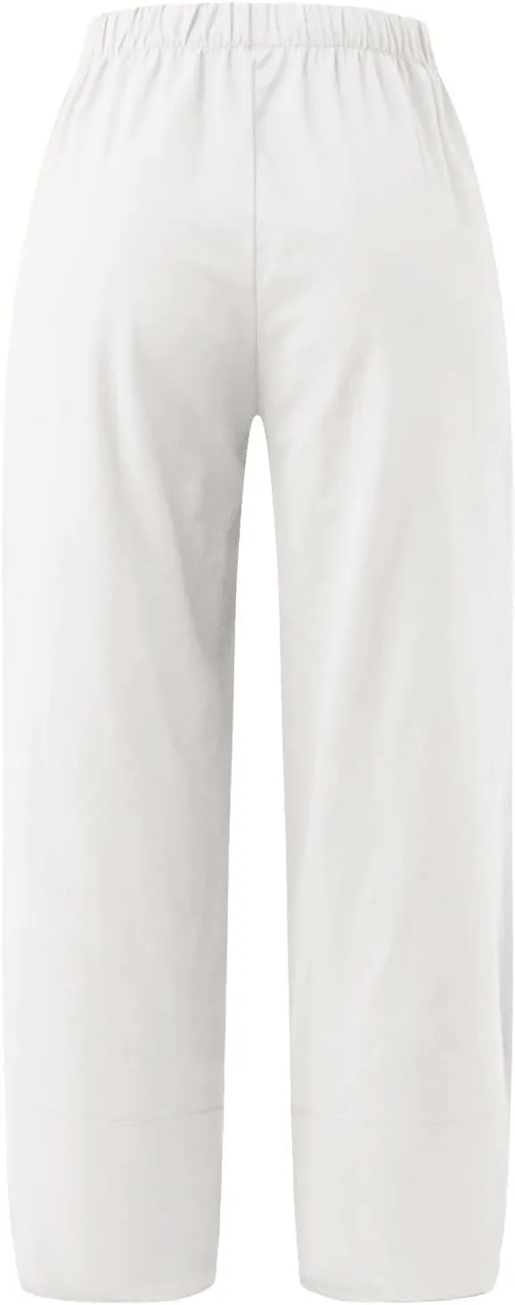 Women's Capri Linen Pants Drawstring Straight Leg 2025 Casual Summer Pants Loose Cropped Trouser