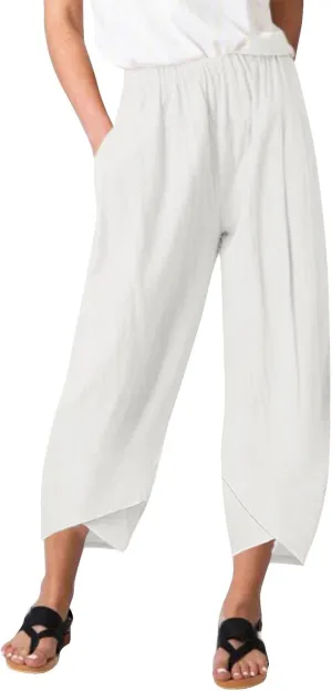 Women's Capri Linen Pants Drawstring Straight Leg 2025 Casual Summer Pants Loose Cropped Trouser