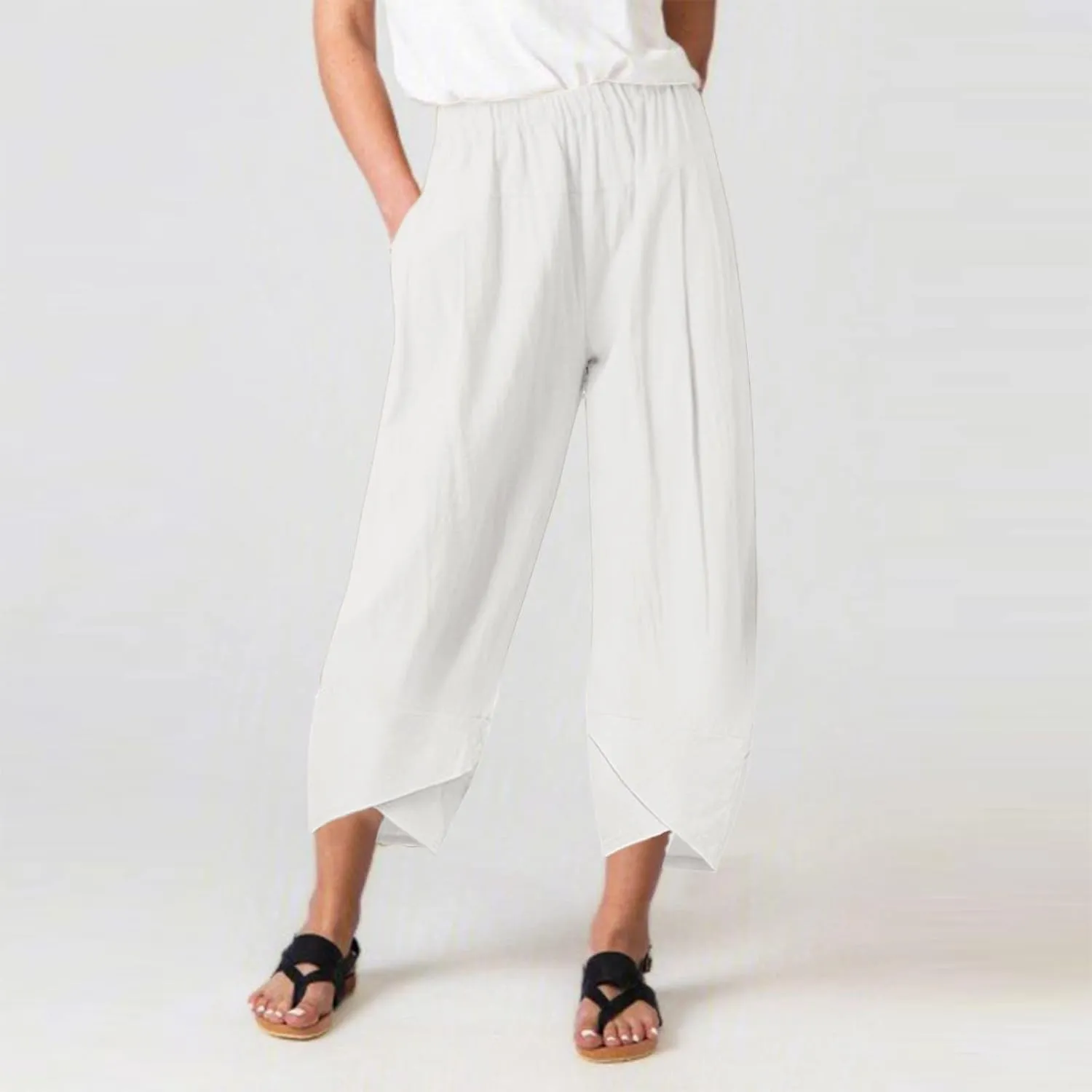 Women's Capri Linen Pants Drawstring Straight Leg 2025 Casual Summer Pants Loose Cropped Trouser