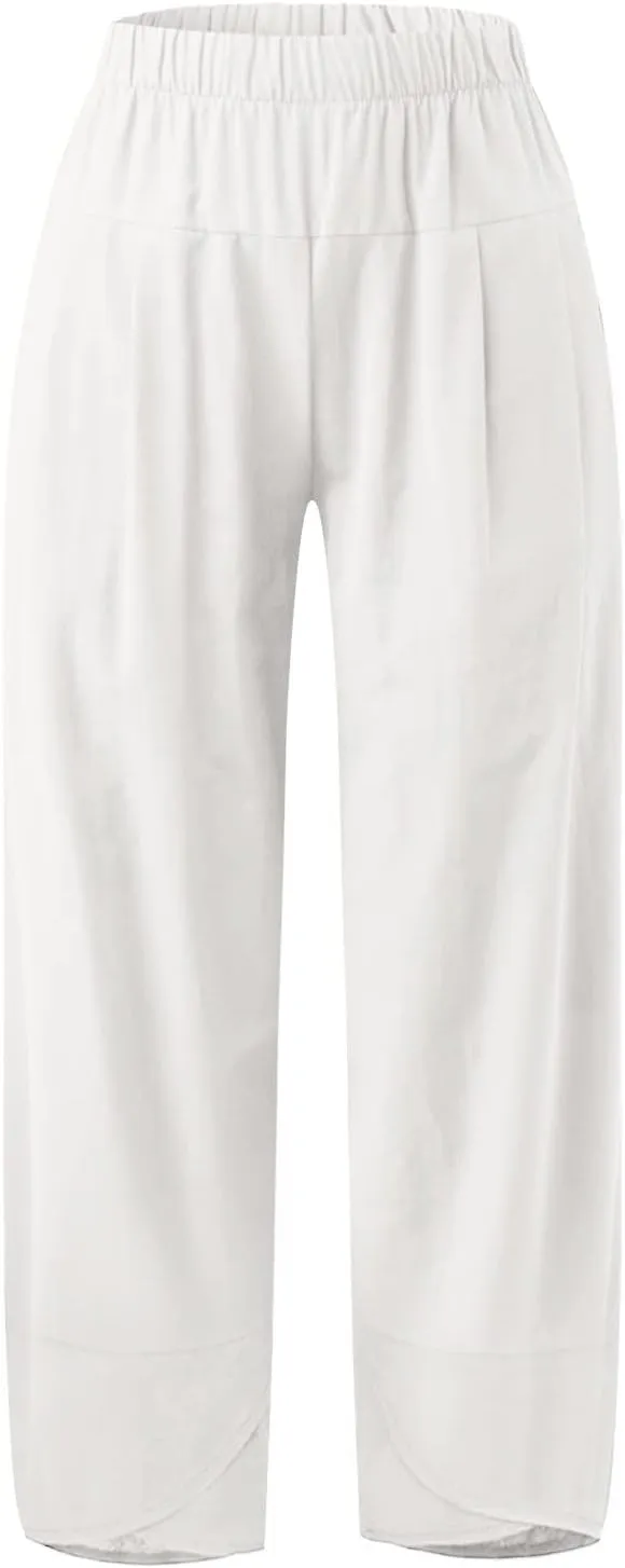 Women's Capri Linen Pants Drawstring Straight Leg 2025 Casual Summer Pants Loose Cropped Trouser