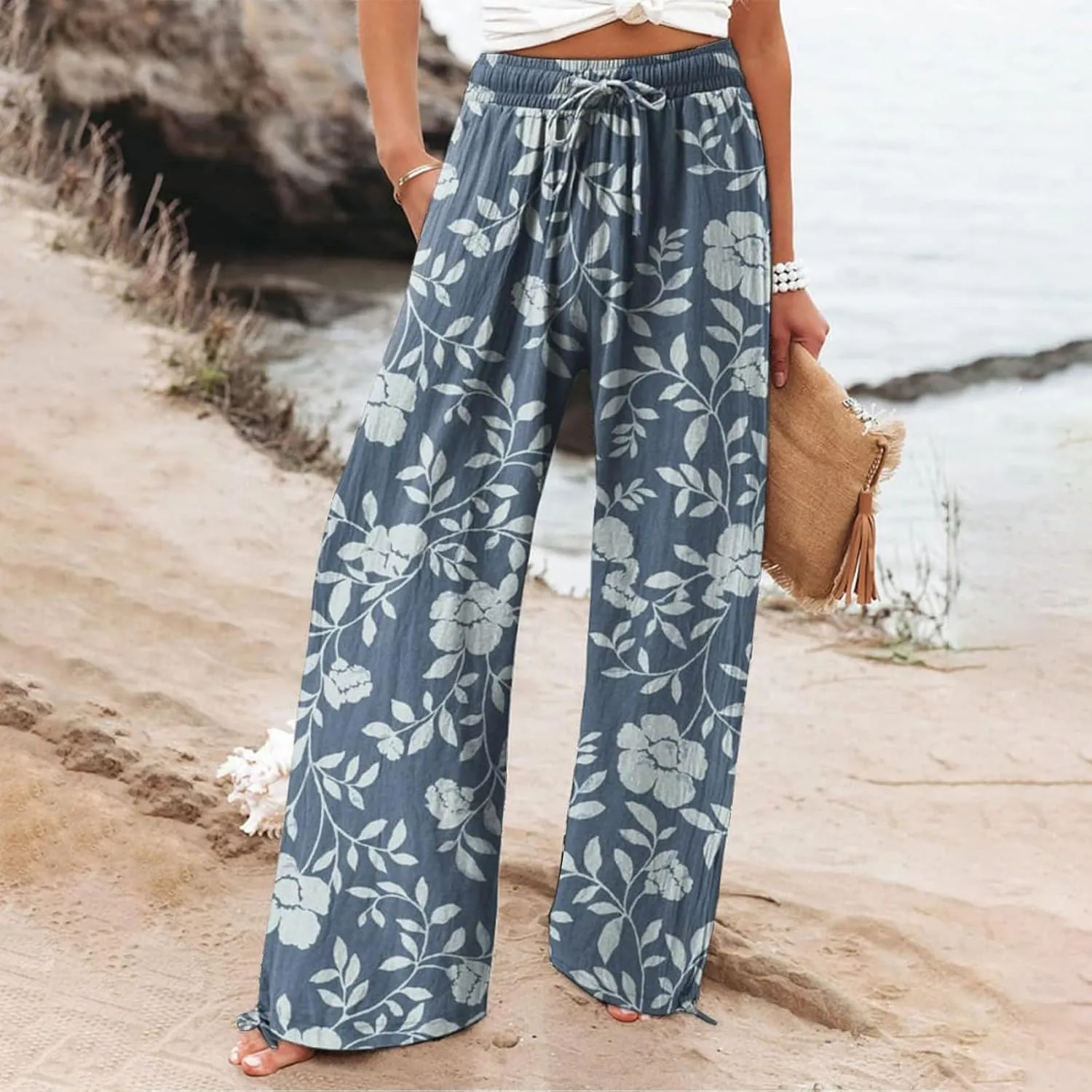 Women's Casual and Fashionable Beach Elastic Waist Wide Leg Pants with Colorful Floral Print Pockets