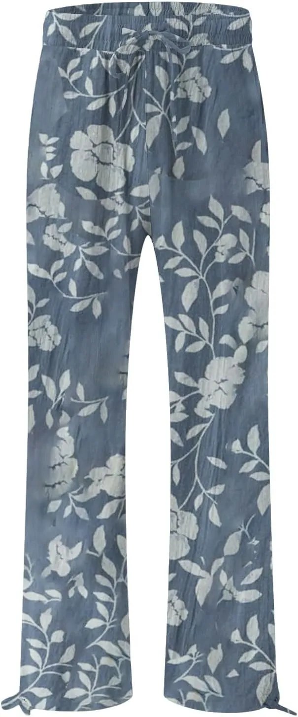 Women's Casual and Fashionable Beach Elastic Waist Wide Leg Pants with Colorful Floral Print Pockets