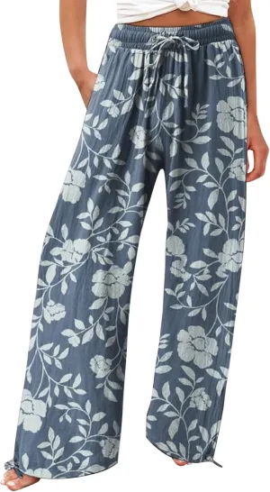 Women's Casual and Fashionable Beach Elastic Waist Wide Leg Pants with Colorful Floral Print Pockets