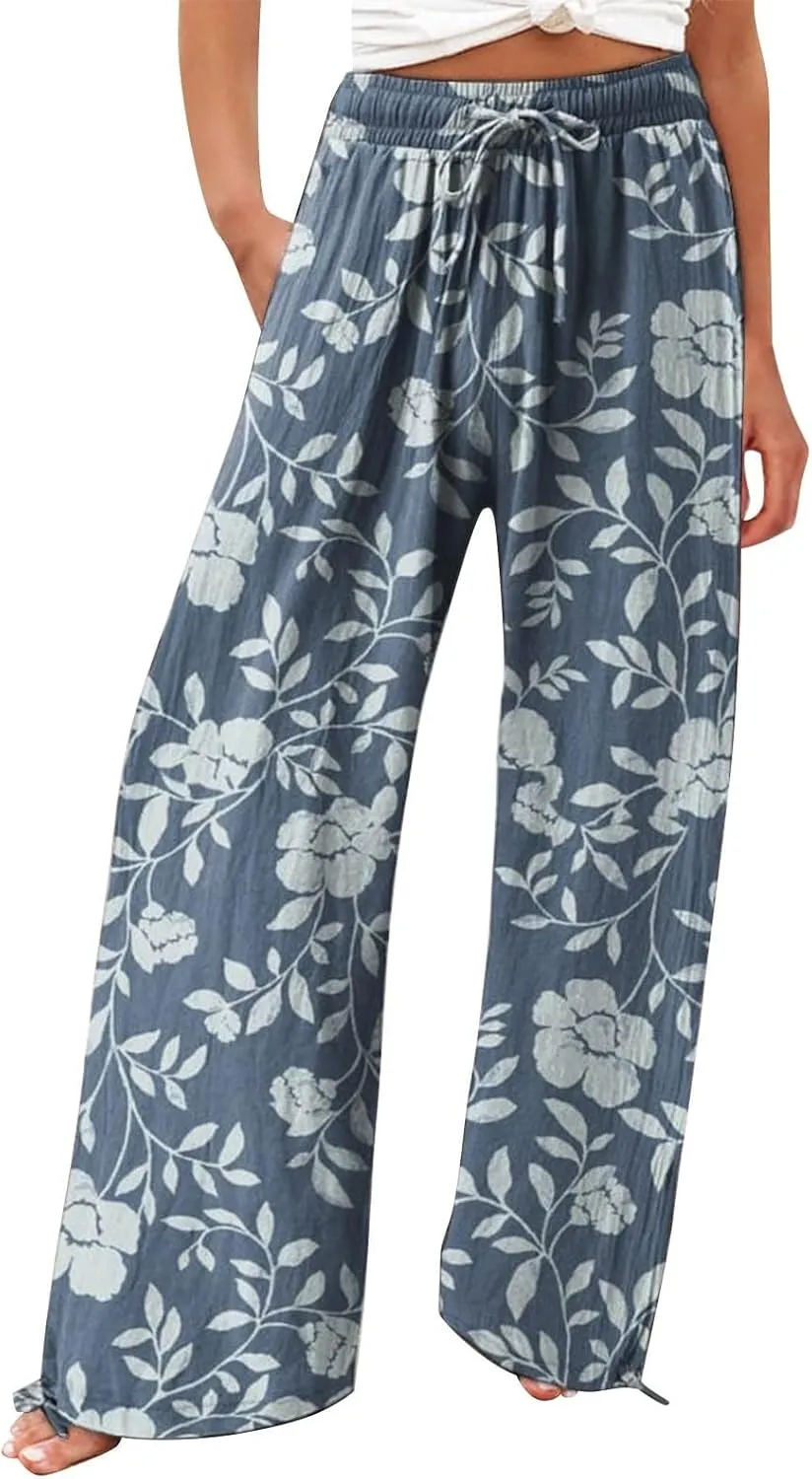 Women's Casual and Fashionable Beach Elastic Waist Wide Leg Pants with Colorful Floral Print Pockets
