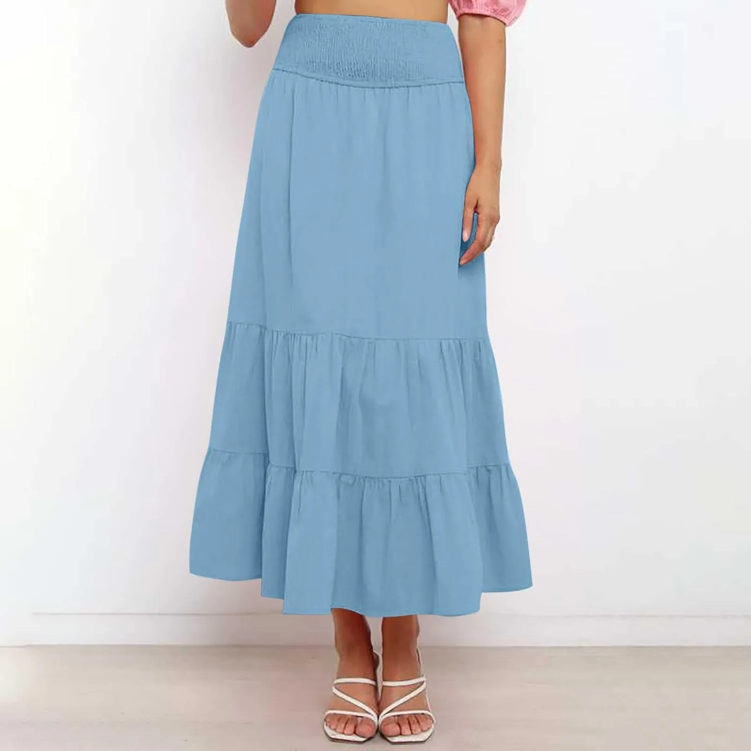 Women's Casual Boho Ankle Length Skirt Flowy High Waisted Tiered Ruched Maxi Skirts 2025 Trendy Summer Beach Dress