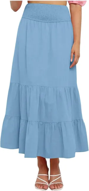 Women's Casual Boho Ankle Length Skirt Flowy High Waisted Tiered Ruched Maxi Skirts 2025 Trendy Summer Beach Dress