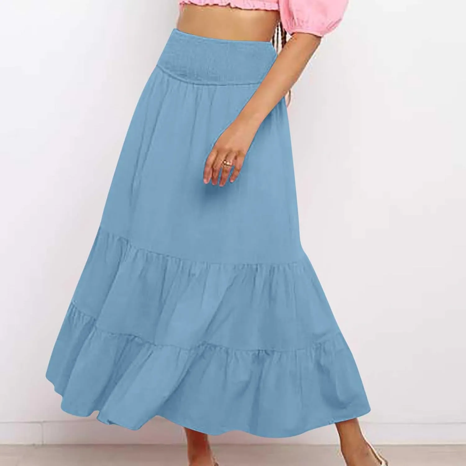 Women's Casual Boho Ankle Length Skirt Flowy High Waisted Tiered Ruched Maxi Skirts 2025 Trendy Summer Beach Dress