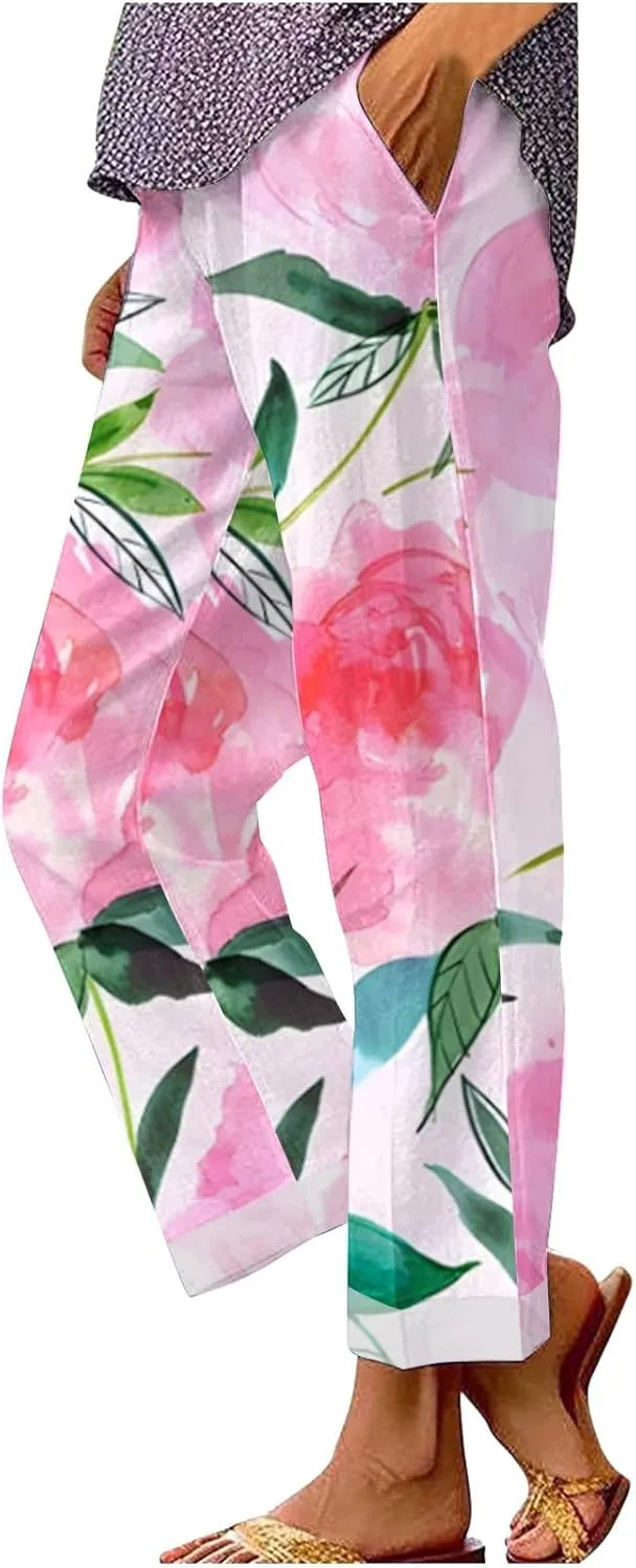 Women's Casual Boho Floral Printed Cotton Linen Pant Elastic Waisted Drawstring Summer Beach Baggy Capri with Pockets