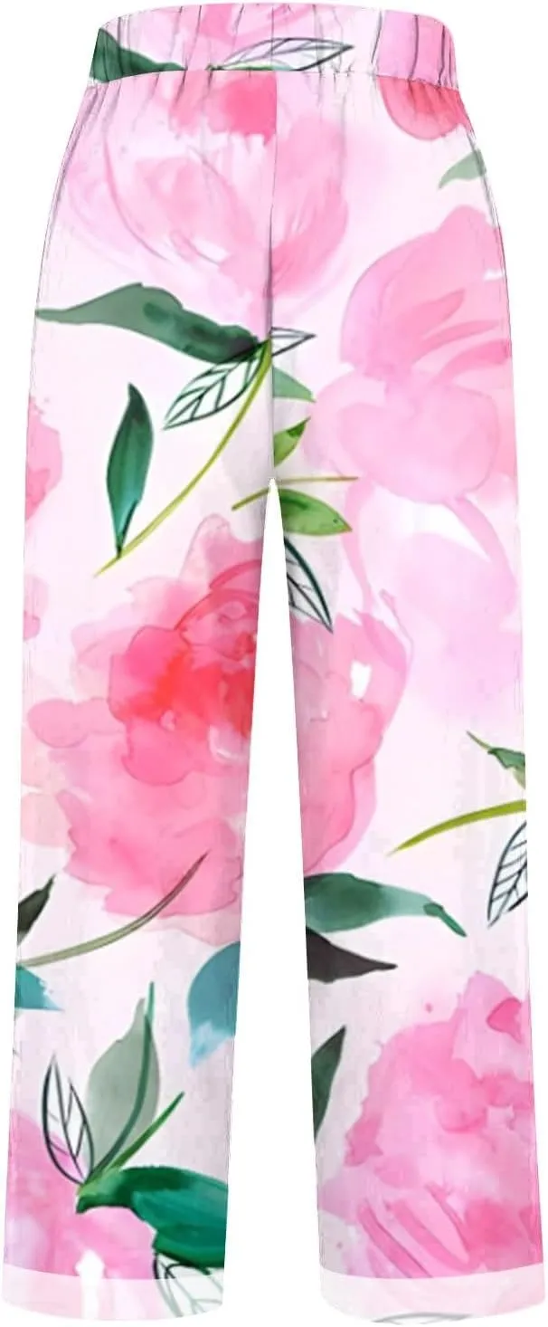 Women's Casual Boho Floral Printed Cotton Linen Pant Elastic Waisted Drawstring Summer Beach Baggy Capri with Pockets