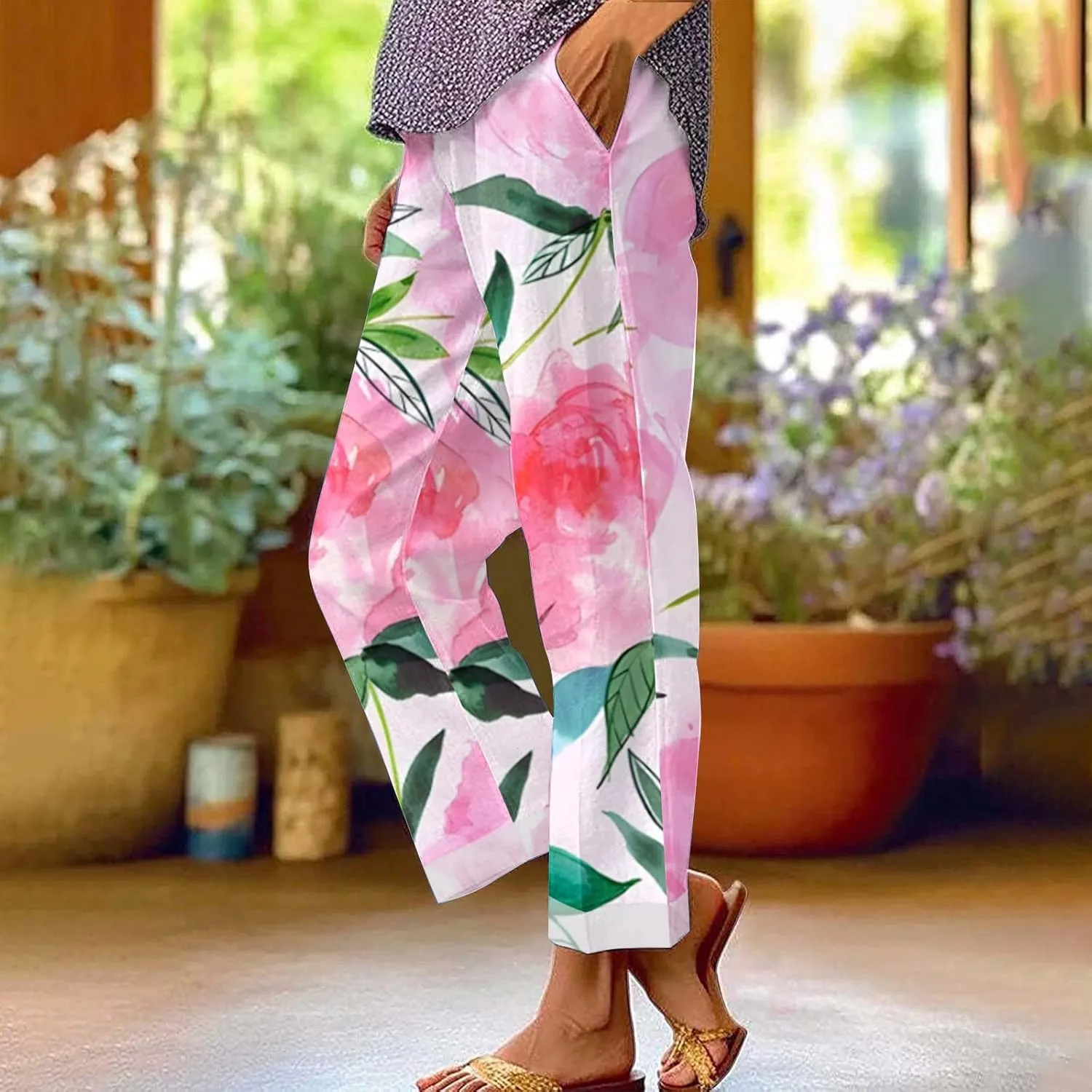 Women's Casual Boho Floral Printed Cotton Linen Pant Elastic Waisted Drawstring Summer Beach Baggy Capri with Pockets