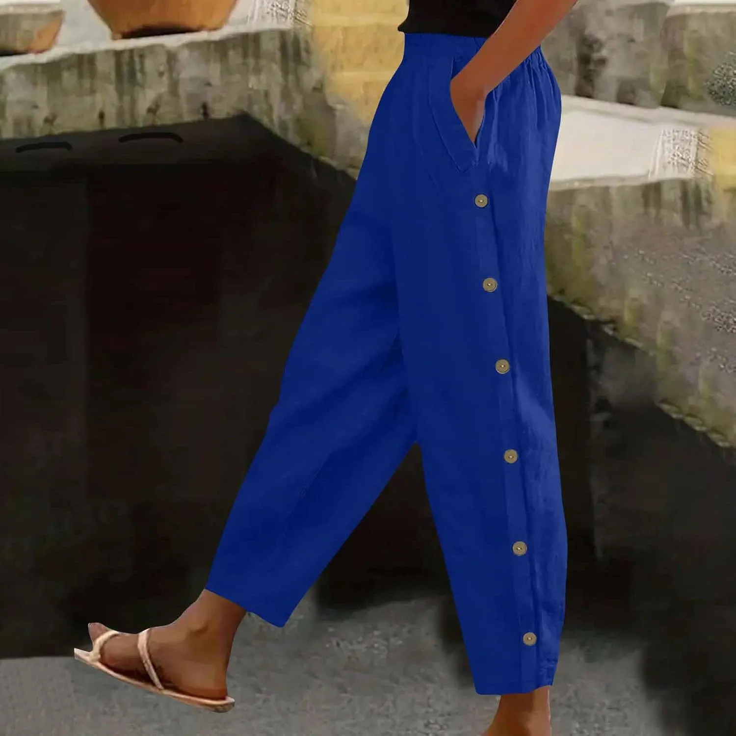 Womens Casual Linen Pants High Waist Pants Summer Boho Beach Pants Lounge Pant Trousers with Pockets Vacation Outfits