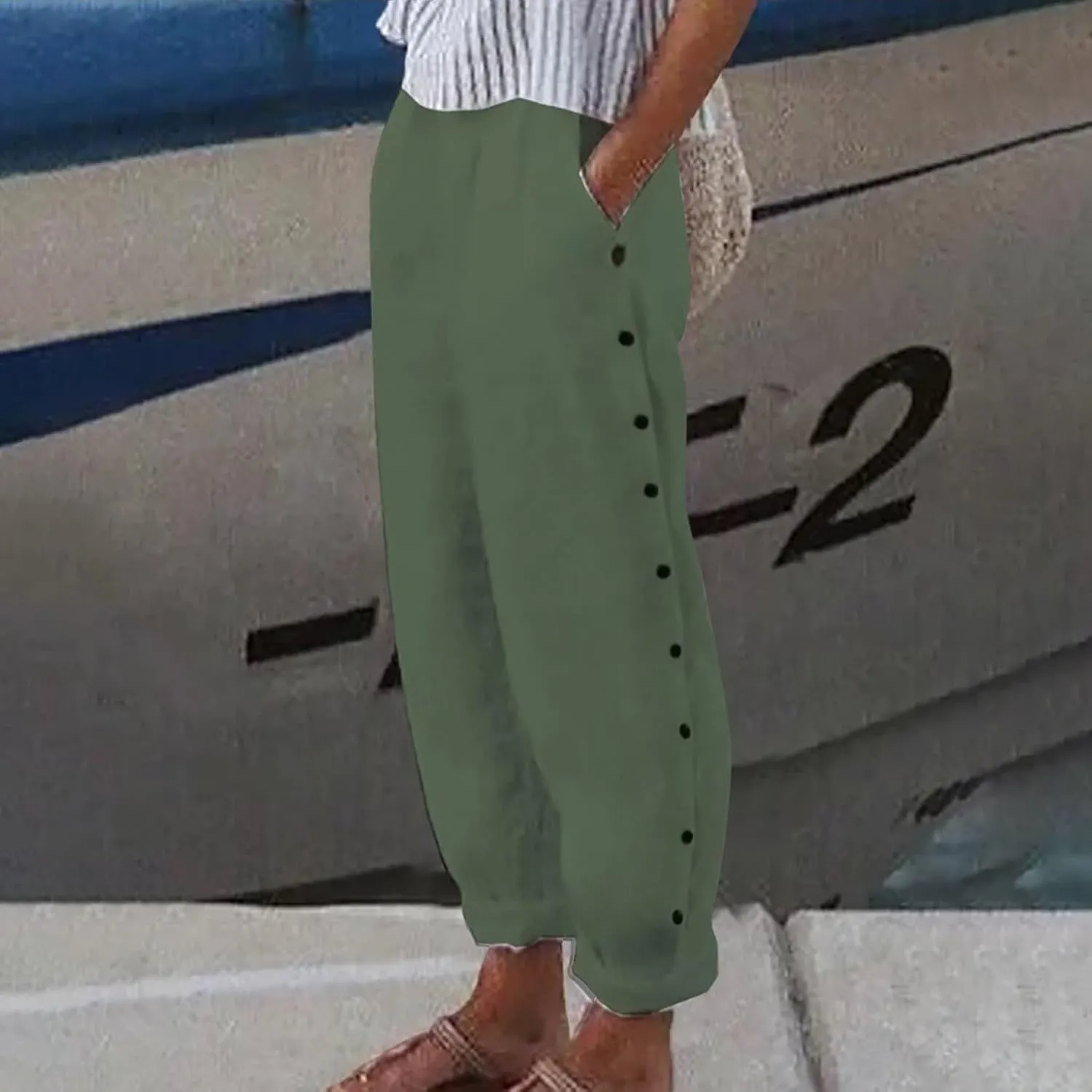 Women's Casual Pants Side Button Lightweight Drawstring Elastic Waist Pants Straight Leg Baggy Trousers with Pockets