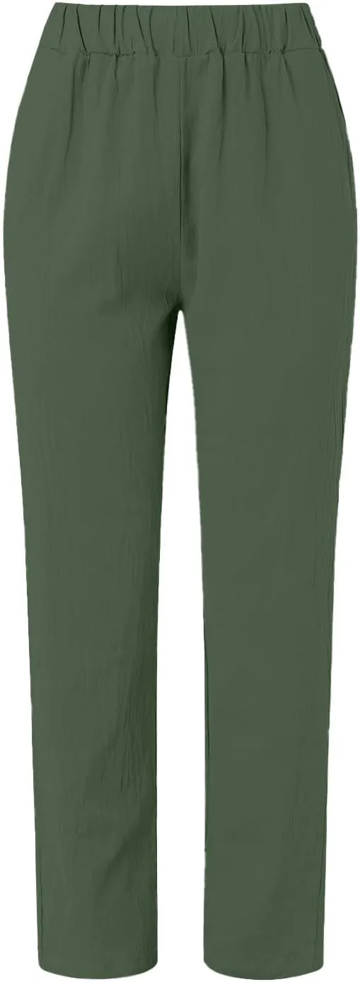 Women's Casual Pants Side Button Lightweight Drawstring Elastic Waist Pants Straight Leg Baggy Trousers with Pockets