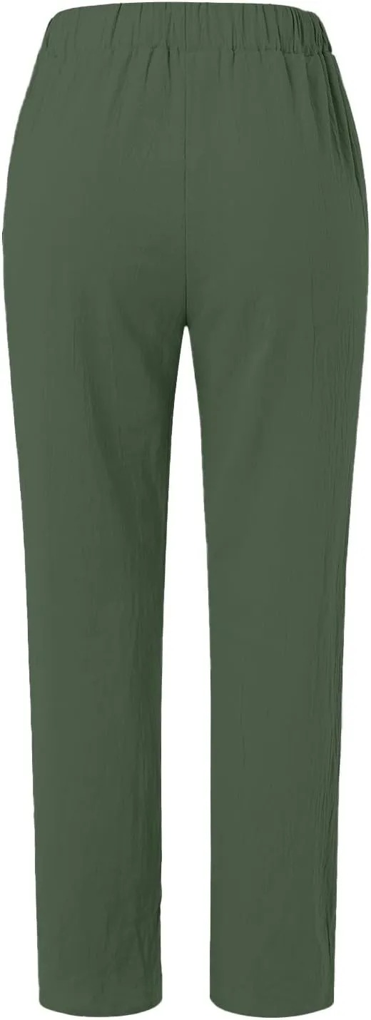 Women's Casual Pants Side Button Lightweight Drawstring Elastic Waist Pants Straight Leg Baggy Trousers with Pockets